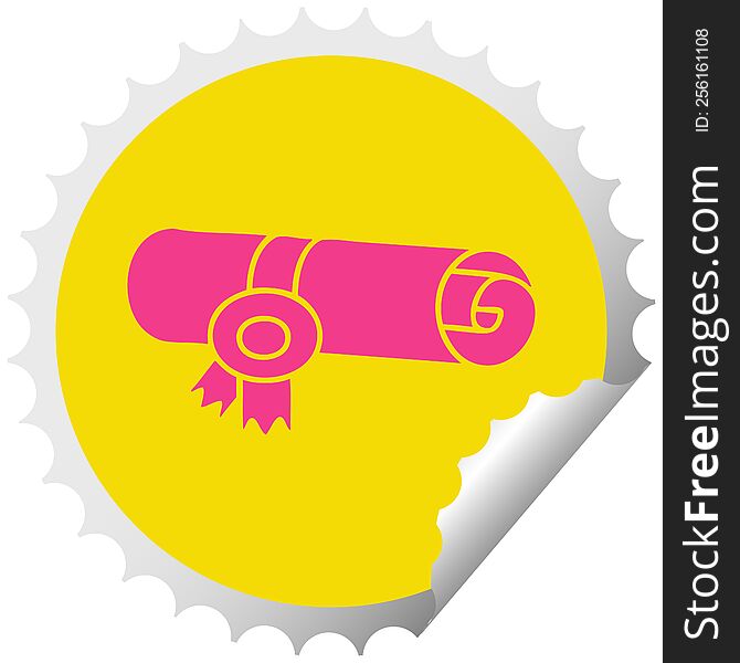 circular peeling sticker cartoon of a rolled certificate