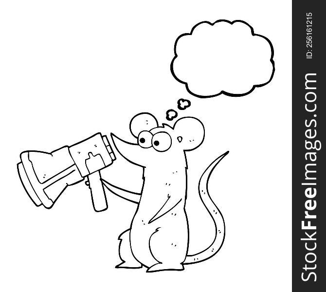 freehand drawn thought bubble cartoon mouse with megaphone