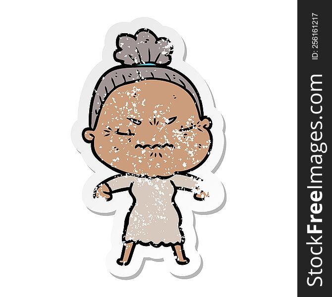 Distressed Sticker Of A Cartoon Annoyed Old Lady