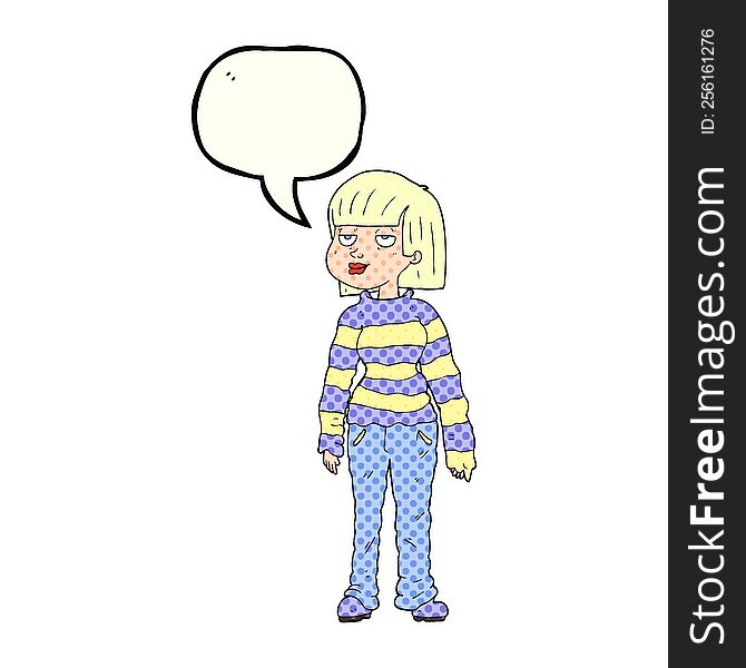 freehand drawn comic book speech bubble cartoon woman in casual clothes