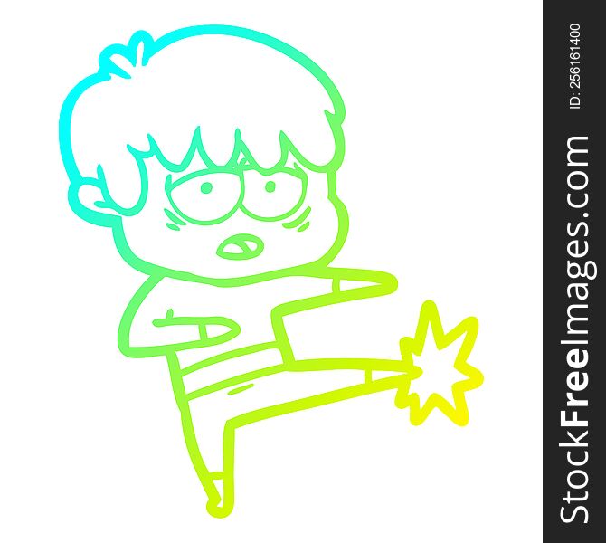 cold gradient line drawing of a cartoon exhausted boy doing karate