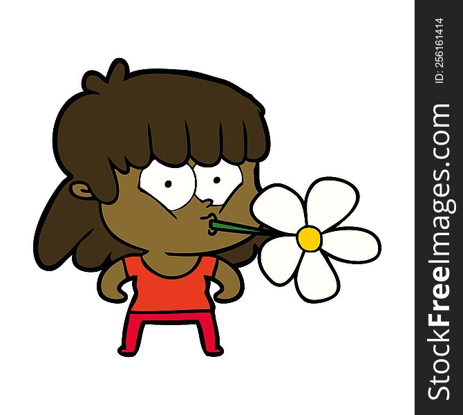 cartoon girl with flower in mouth. cartoon girl with flower in mouth