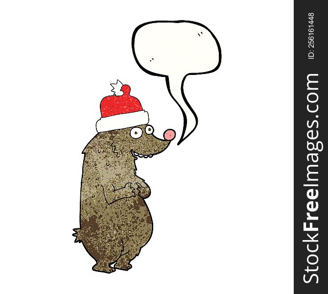 Speech Bubble Textured Cartoon Bear Wearing Christmas Hat