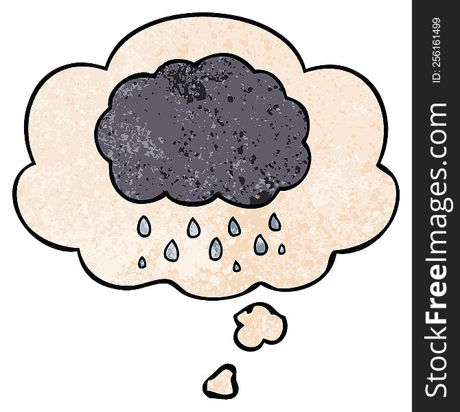 Cartoon Cloud Raining And Thought Bubble In Grunge Texture Pattern Style