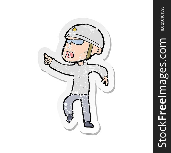 retro distressed sticker of a cartoon man in bike helmet pointing