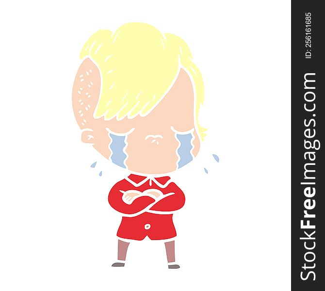 Flat Color Style Cartoon Crying Girl With Crossed Arms