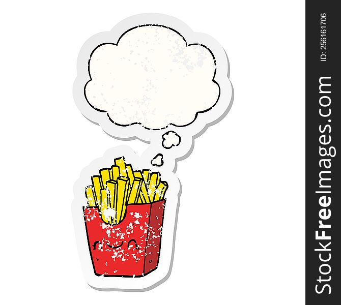 cartoon fries in box with thought bubble as a distressed worn sticker