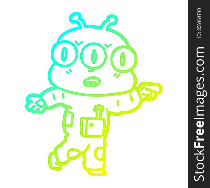 cold gradient line drawing of a cartoon three eyed alien pointing