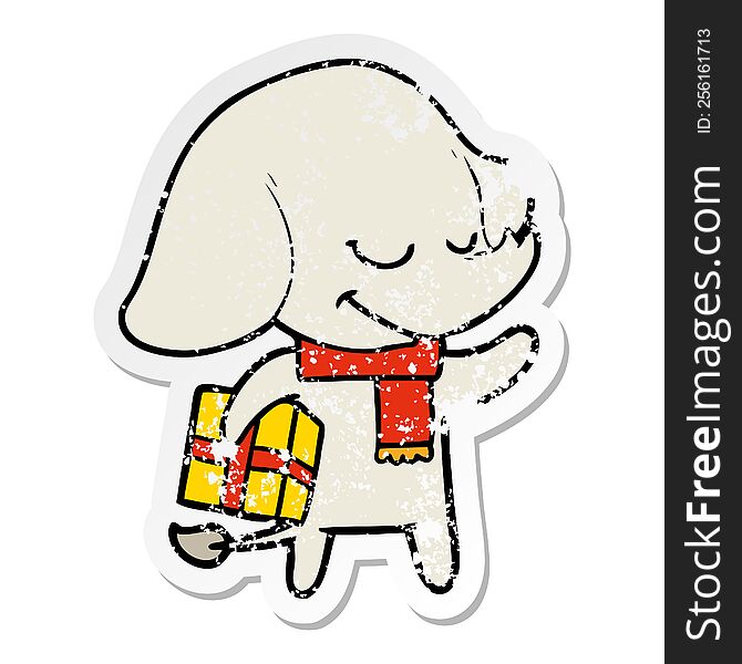 Distressed Sticker Of A Cartoon Christmas Elephant