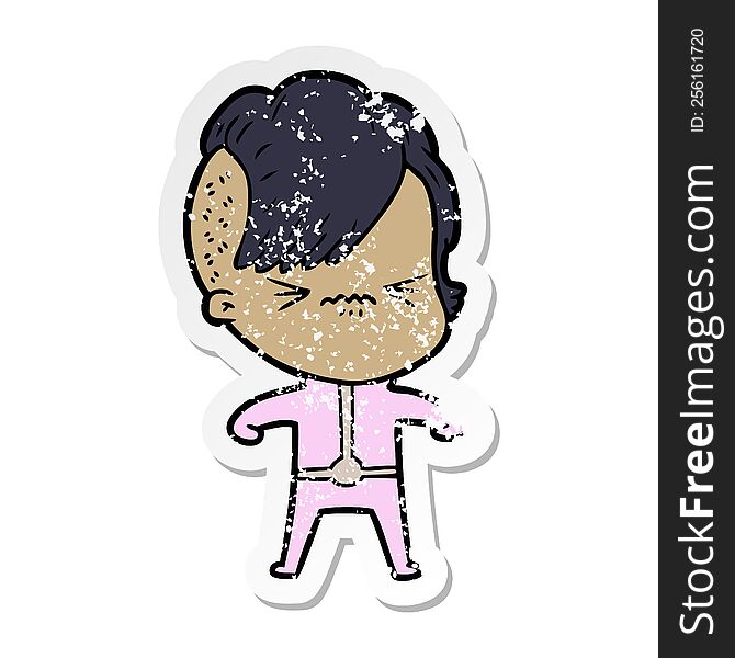 Distressed Sticker Of A Annoyed Girl In Futuristic Clothes