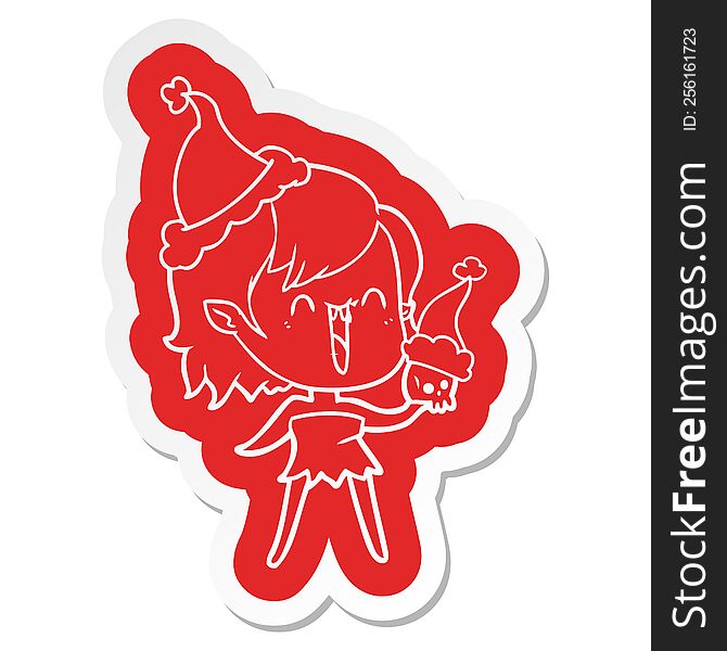 cute quirky cartoon  sticker of a happy vampire girl wearing santa hat