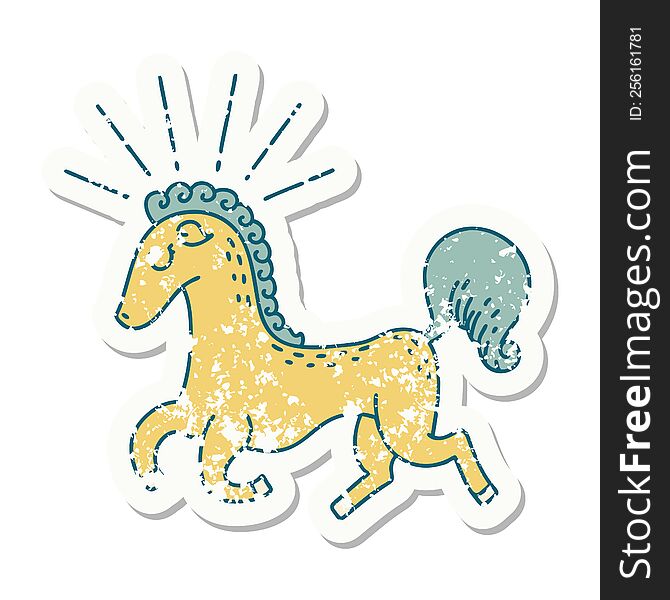 worn old sticker of a tattoo style prancing stallion. worn old sticker of a tattoo style prancing stallion