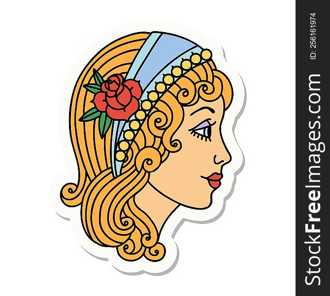 sticker of tattoo in traditional style of a gypsy head. sticker of tattoo in traditional style of a gypsy head