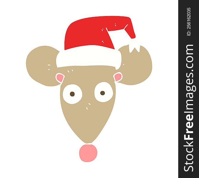 flat color illustration of a cartoon mouse in christmas hat