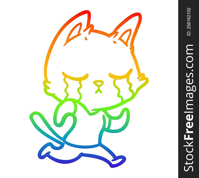 rainbow gradient line drawing of a crying cartoon cat running away