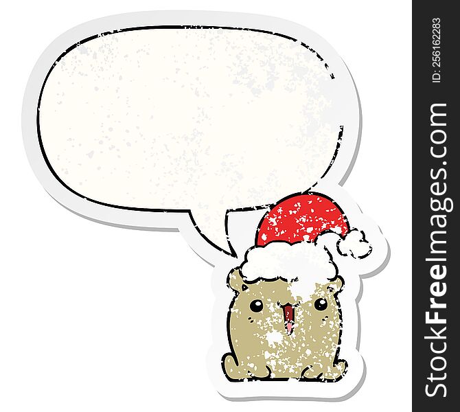 Cute Cartoon Bear And Christmas Hat And Speech Bubble Distressed Sticker