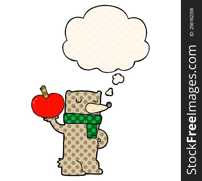 cartoon bear with apple with thought bubble in comic book style