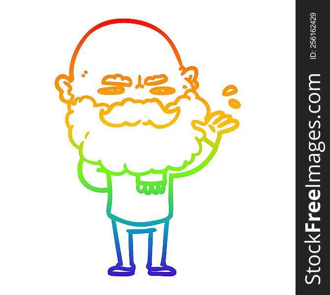 rainbow gradient line drawing of a cartoon dismissive man with beard frowning