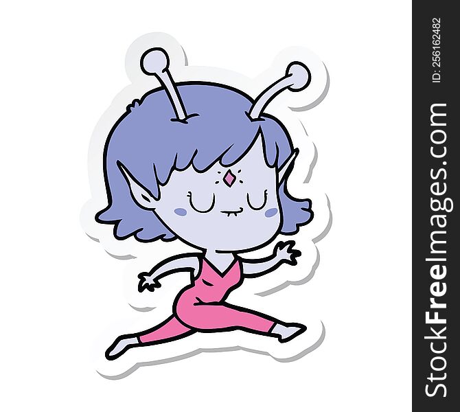 Sticker Of A Cartoon Alien Girl Jumping