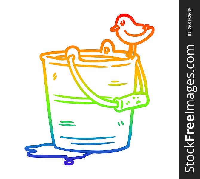 rainbow gradient line drawing of a bird looking into bucket of water