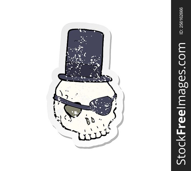 Retro Distressed Sticker Of A Skull In Top Hat Cartoon