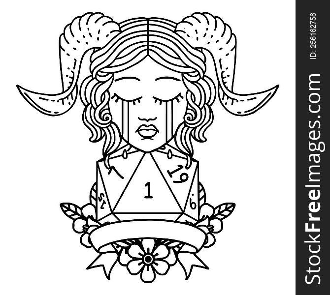 Black and White Tattoo linework Style crying tiefling with natural one D20 dice roll. Black and White Tattoo linework Style crying tiefling with natural one D20 dice roll