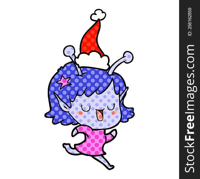 happy alien girl hand drawn comic book style illustration of a wearing santa hat