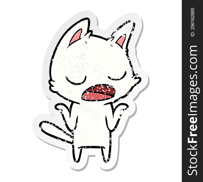 Distressed Sticker Of A Talking Cat Shrugging Shoulders