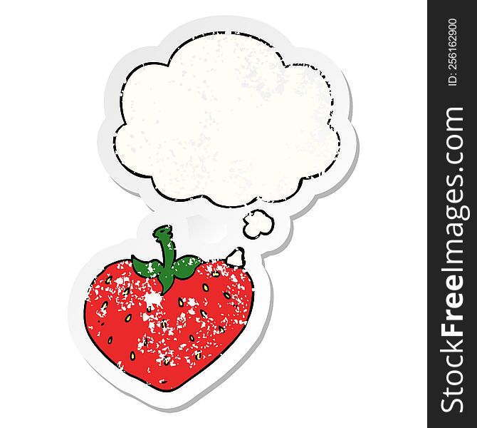 cartoon strawberry with thought bubble as a distressed worn sticker