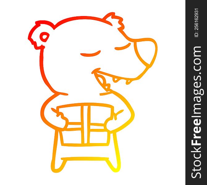 Warm Gradient Line Drawing Cartoon Polar Bear With Present