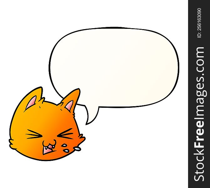 Spitting Cartoon Cat Face And Speech Bubble In Smooth Gradient Style