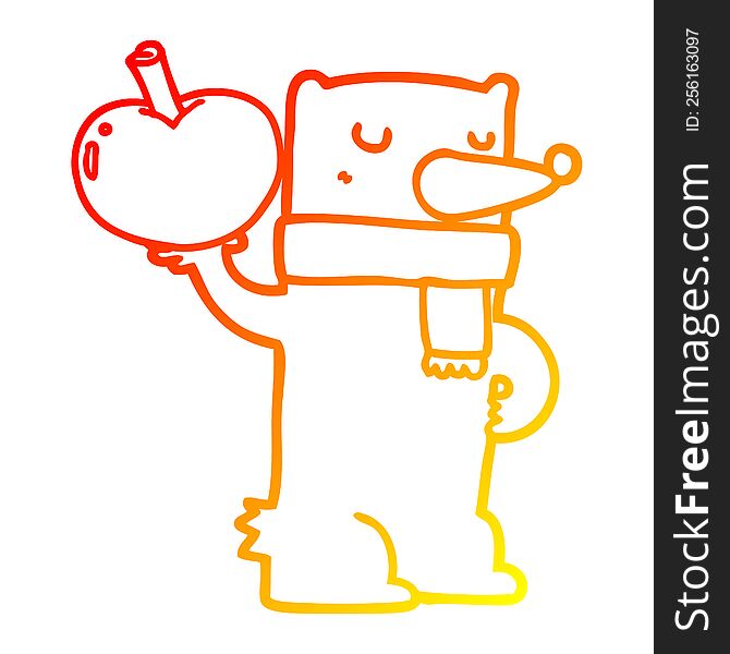 Warm Gradient Line Drawing Cartoon Bear With Apple