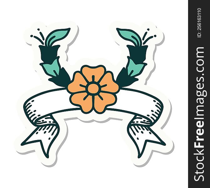 tattoo style sticker with banner of a decorative flower