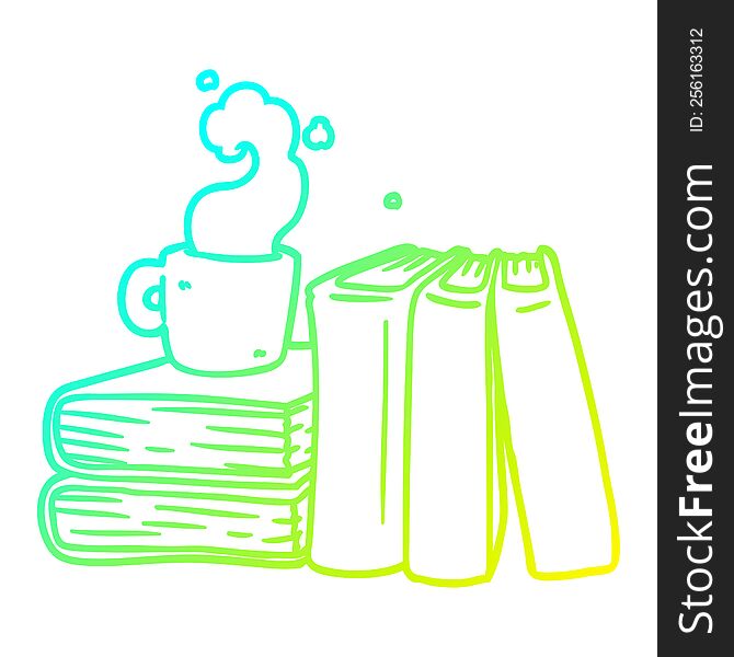 cold gradient line drawing of a cartoon coffee cup and study books