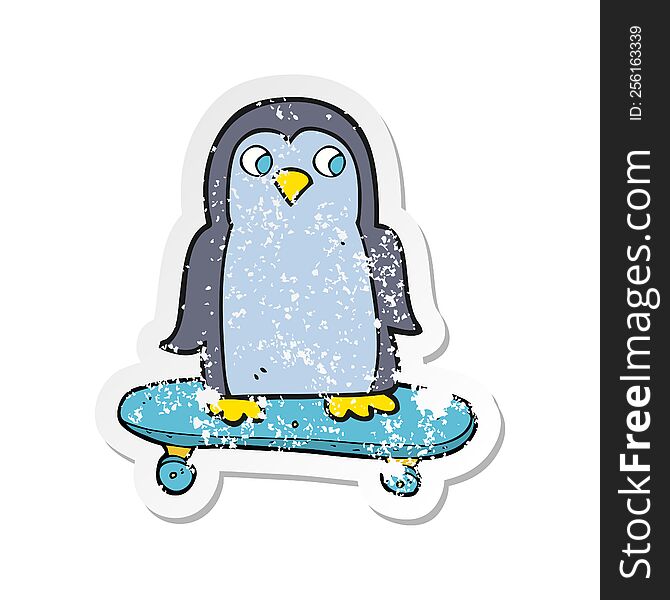 Retro Distressed Sticker Of A Cartoon Penguin Riding Skateboard