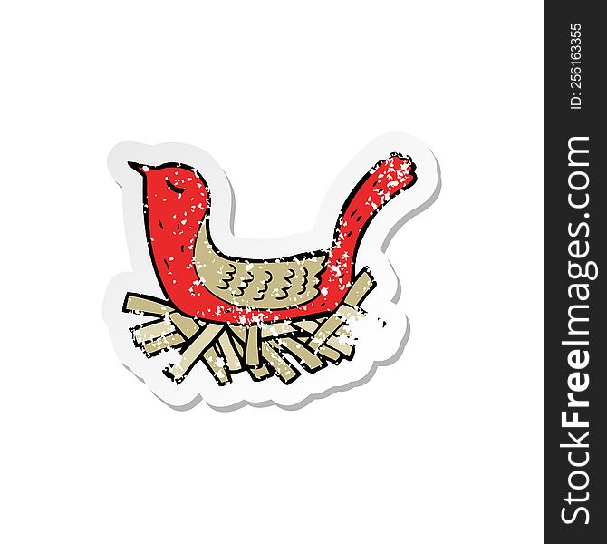 retro distressed sticker of a cartoon bird on nest