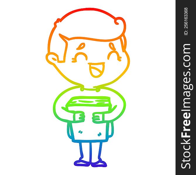 rainbow gradient line drawing of a cartoon laughing man holding book