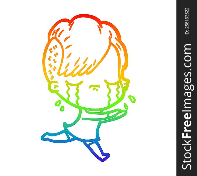 rainbow gradient line drawing of a cartoon crying girl running away