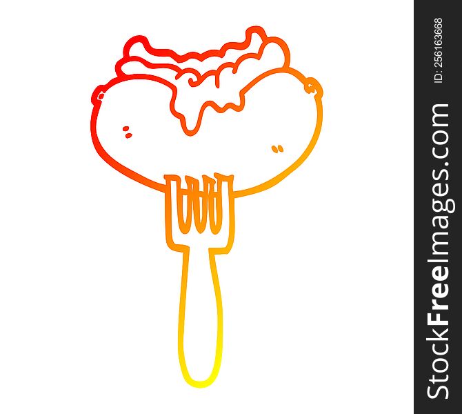Warm Gradient Line Drawing Cartoon Hotdog With Mustard And Ketchup On Fork