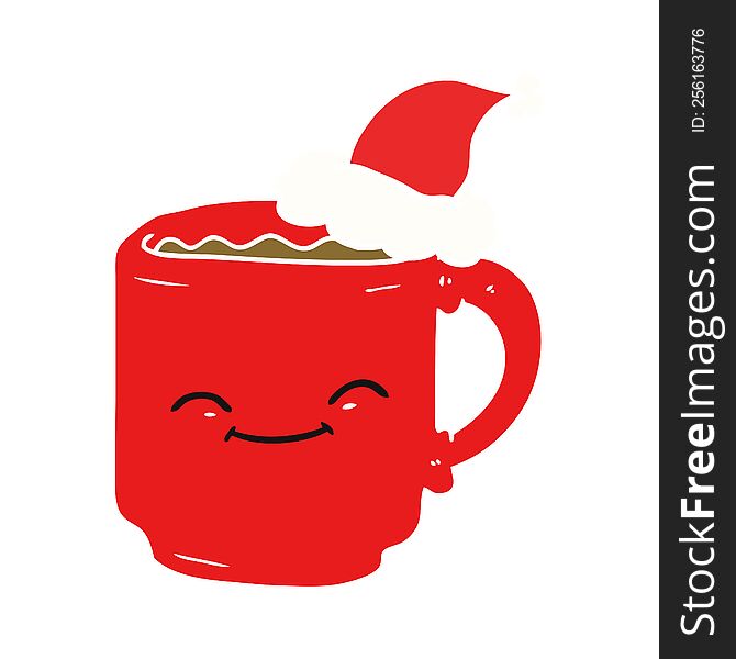 Flat Color Illustration Of A Coffee Mug Wearing Santa Hat