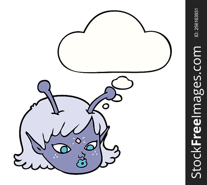 cartoon alien space girl face with thought bubble