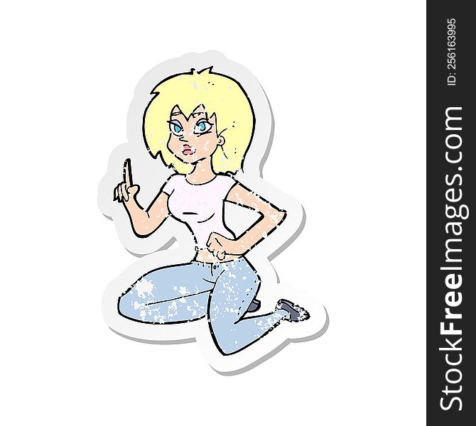 Retro Distressed Sticker Of A Cartoon Sitting Woman With Idea