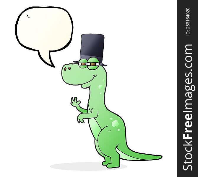 freehand drawn speech bubble cartoon dinosaur wearing top hat