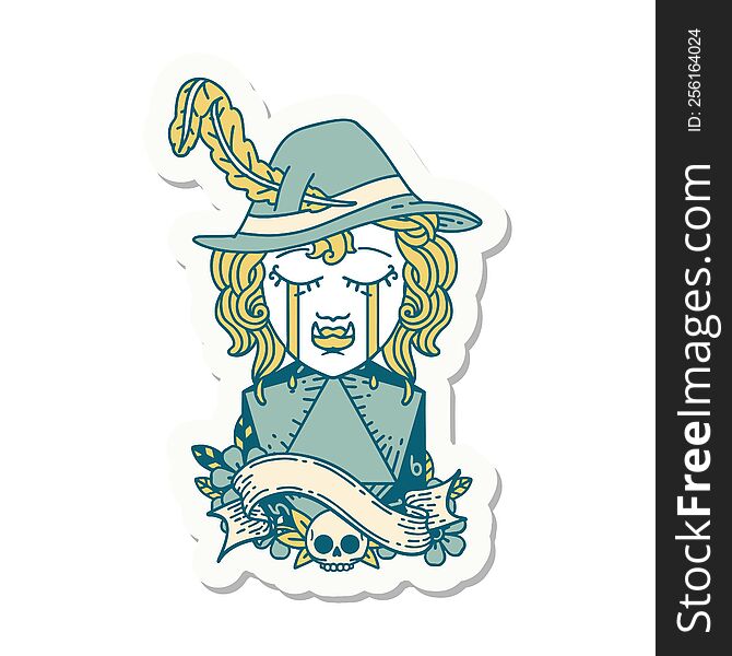 sticker of a crying orc bard character with natural one D20 roll. sticker of a crying orc bard character with natural one D20 roll