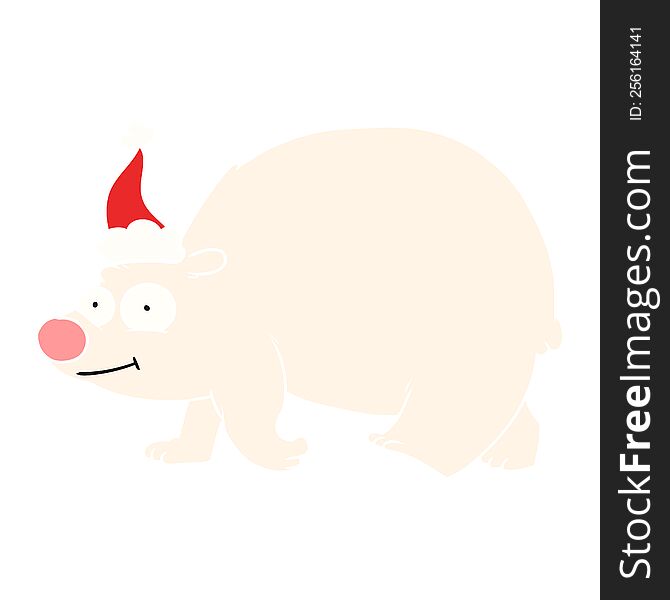 flat color illustration of a walking polar bear wearing santa hat