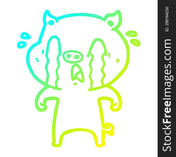 cold gradient line drawing of a crying pig cartoon