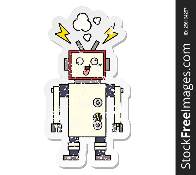 Distressed Sticker Of A Cute Cartoon Crazy Broken Robot
