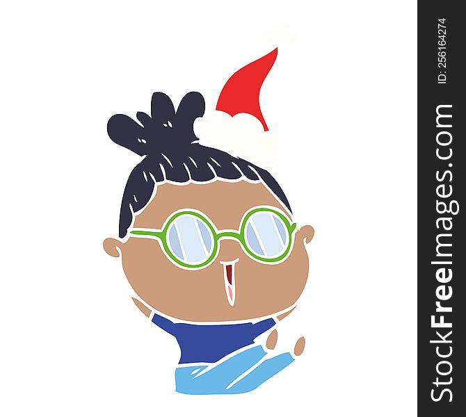 flat color illustration of a woman wearing spectacles wearing santa hat