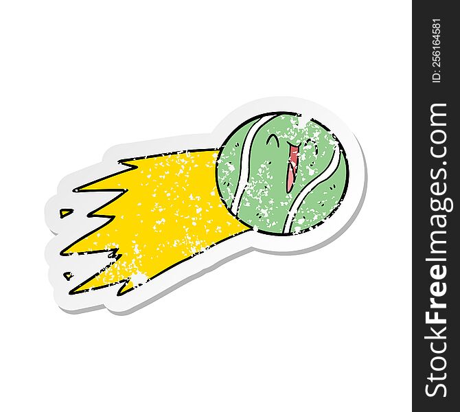 distressed sticker of a flying tennis ball cartoon