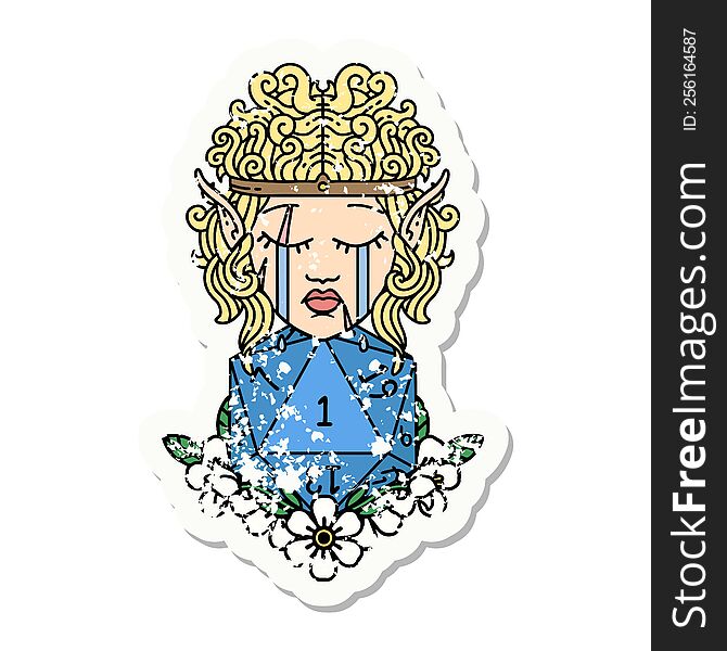 grunge sticker of a crying elf barbarian character with natural one D20 roll. grunge sticker of a crying elf barbarian character with natural one D20 roll